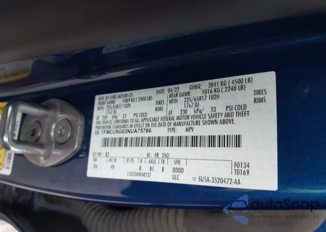 2022 Ford Escape Se z USA, uszkodzony, nr VIN 1FMCU9G63NUA75786